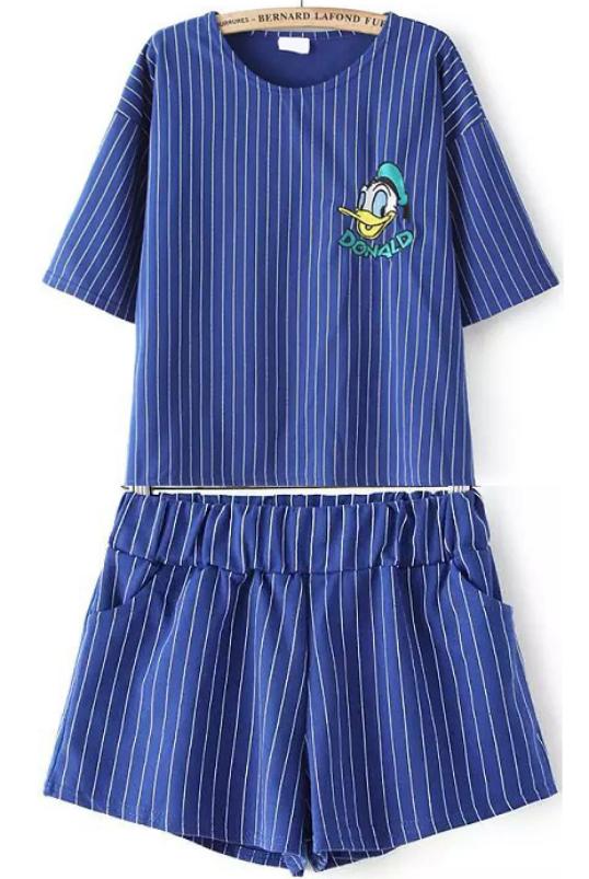 Romwe Duck Embroidered Vertical Striped Top With Shortstop Canard Bord  Rayure Verticale Avec Short - Bleu