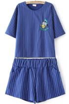 Romwe Duck Embroidered Vertical Striped Top With Shortstop Canard Bord  Rayure Verticale Avec Short - Bleu