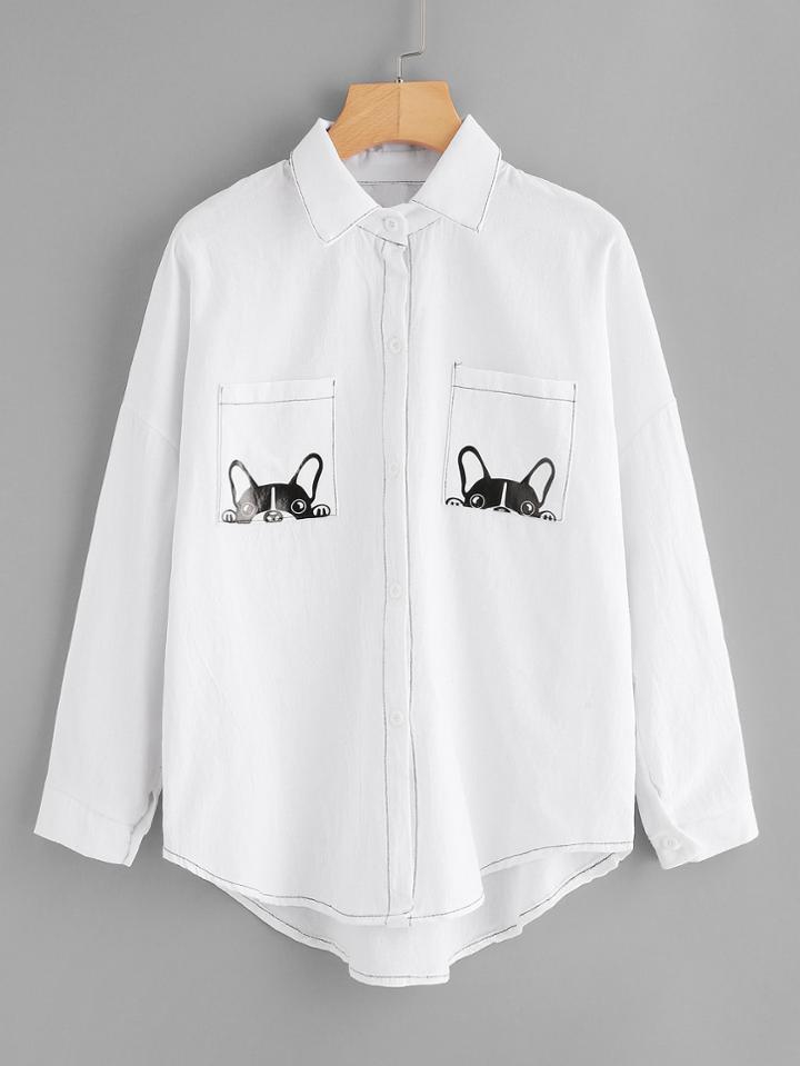 Romwe Dog Print Dual Pocket Shirt