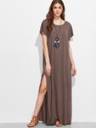 Romwe Brown Short Sleeve Split Side Maxi Dress