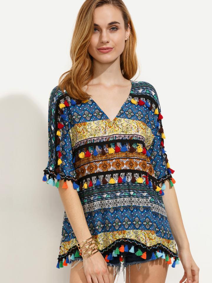 Romwe Multicolor Retro Print Tassel Trim Blouse