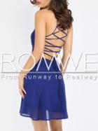Romwe Royal Blue Cross Lace Up Backless Spaghetti Strap Skater Dress