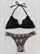 Romwe Crocodile Print Ladder Cutout Mix & Match Bikini Set