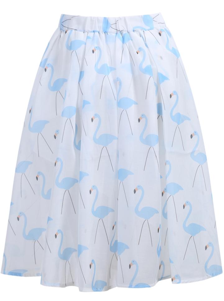 Romwe Swan Print Pleated Chiffon Skirt
