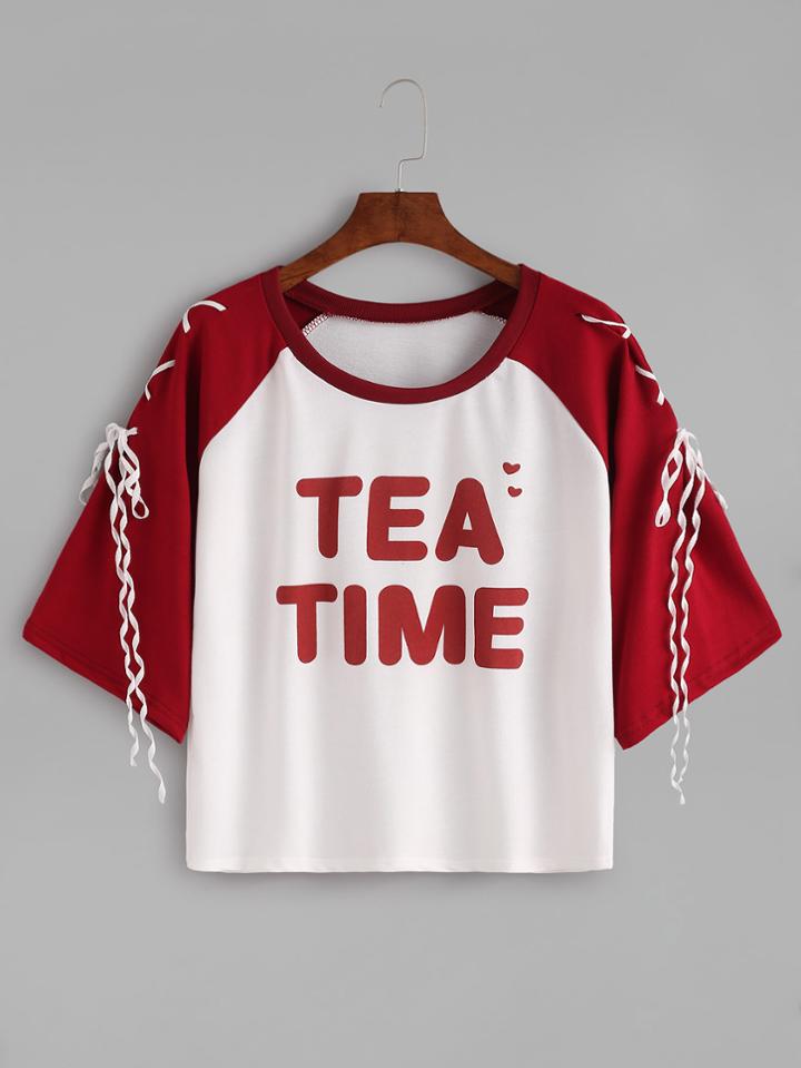 Romwe Color Block Letter Print Raglan Sleeve Lace Up T-shirt