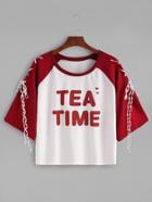 Romwe Color Block Letter Print Raglan Sleeve Lace Up T-shirt