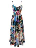 Romwe Multicolor Print Spaghetti Strap Lace Up Backless Flare Maxi Dress