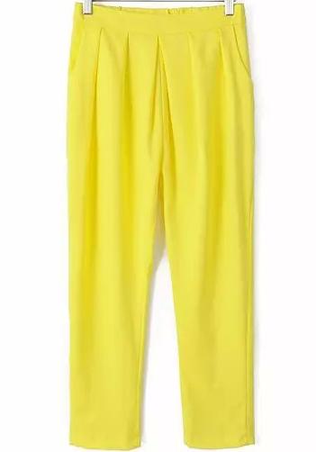 Romwe Elastic Waist Slim Yellow Pant