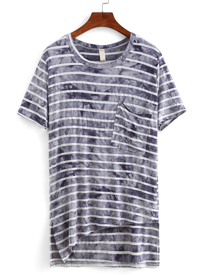 Romwe Striped Tie Dye Asymmetric T-shirt