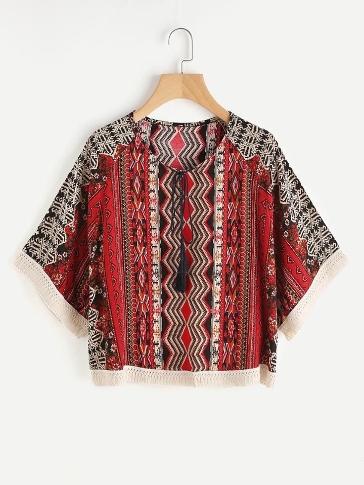 Romwe Aztec Print Random Crochet Trim Tie Neck Blouse