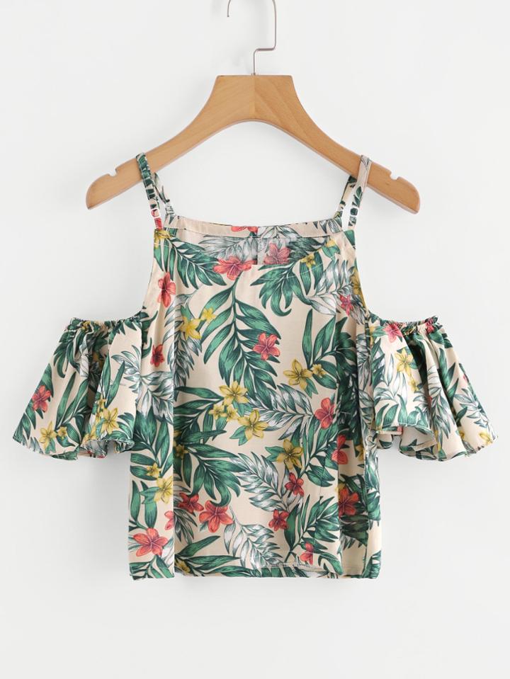 Romwe Cold Shoulder Floral Printed Random Top