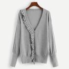 Romwe Drop Shoulder Ruffle Trim Buttoned Knit Coat