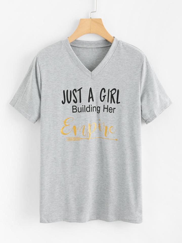 Romwe V Neckline Slogan Print Tee