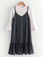 Romwe Flounce Sleeve Top & Calico Print Cami Dress