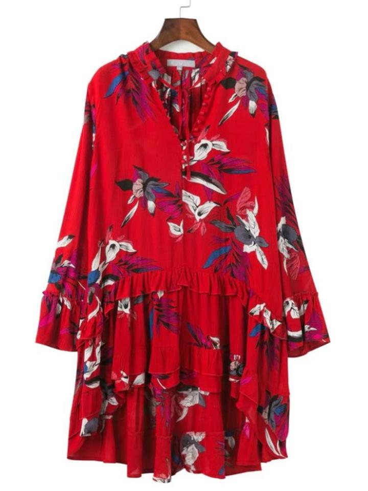 Romwe Floral Print Tied V Neckline Dip Hem Dress