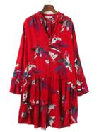 Romwe Floral Print Tied V Neckline Dip Hem Dress