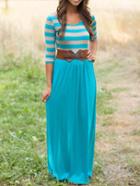 Romwe Scoop Neck Striped Maxi Blue Dress