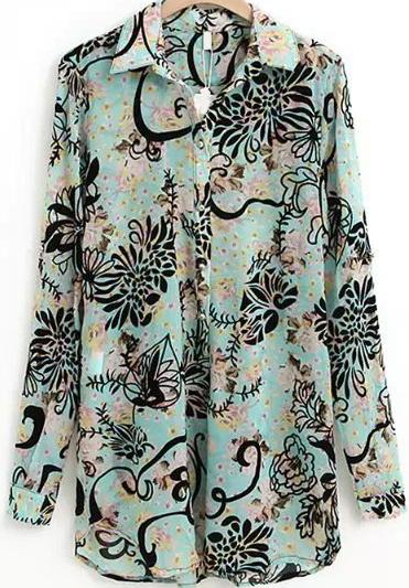 Romwe Floral Print Chiffon Green Blouse