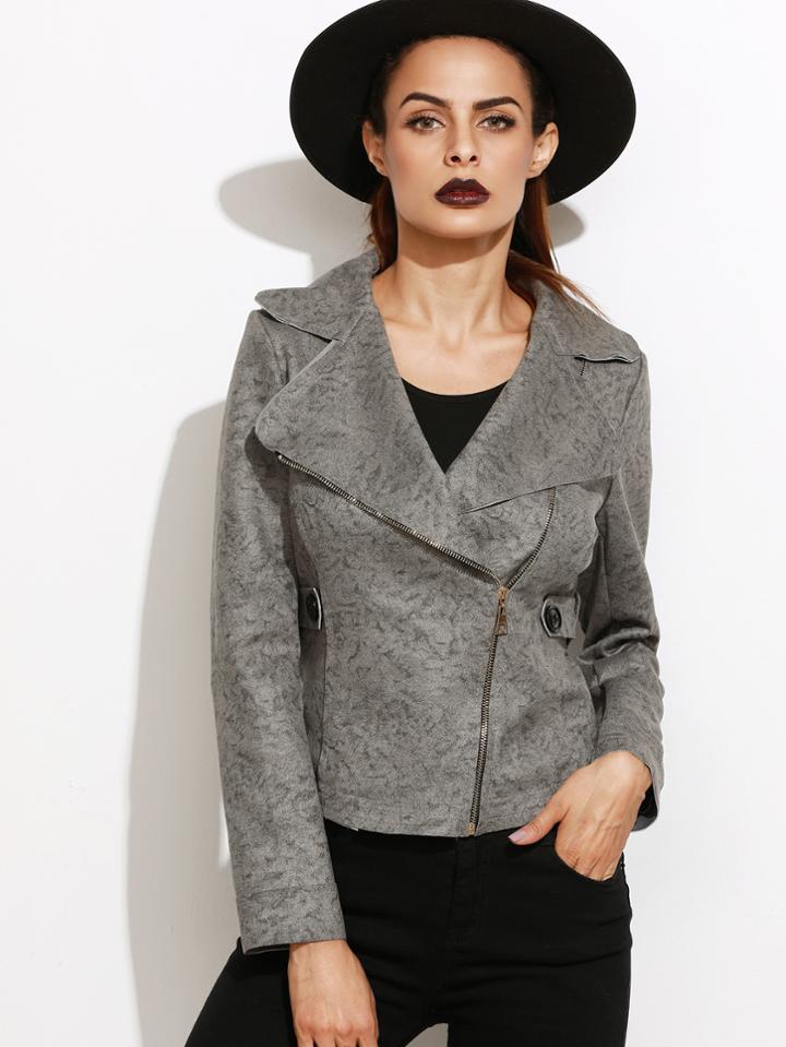 Romwe Grey Lapel Zip Up Jacket With Button Detail