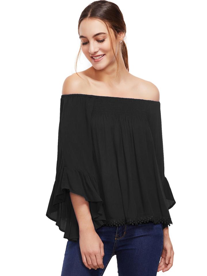 Romwe Black Off-the-shoulder Bell Sleeve Top
