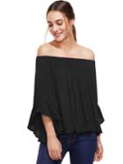 Romwe Black Off-the-shoulder Bell Sleeve Top