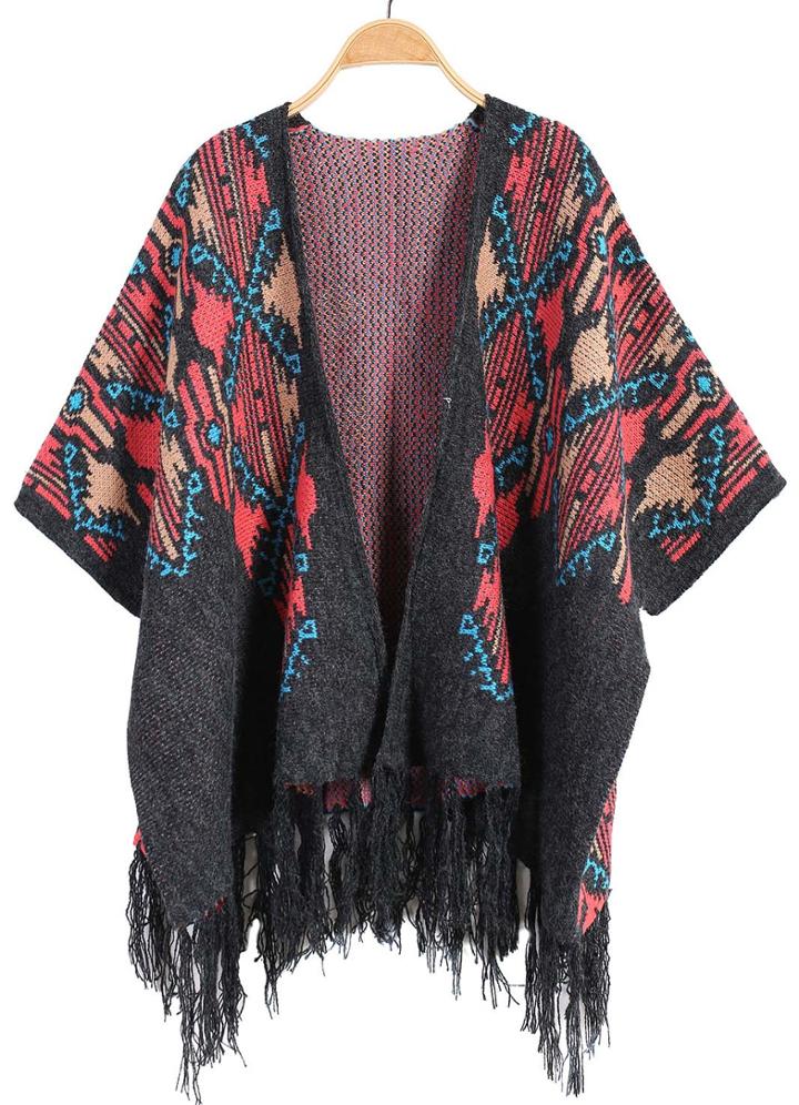 Romwe Geometric Print Tassel Grey Cardigan