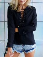 Romwe Black Long Sleeve Tie Blouse
