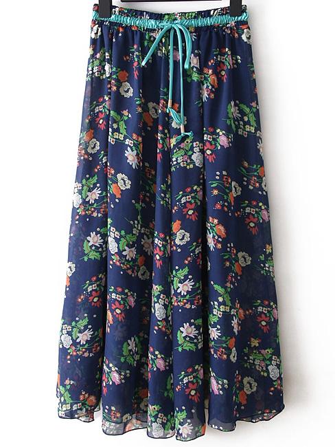 Romwe Florals Pleated Navy Skirt With Drawstring