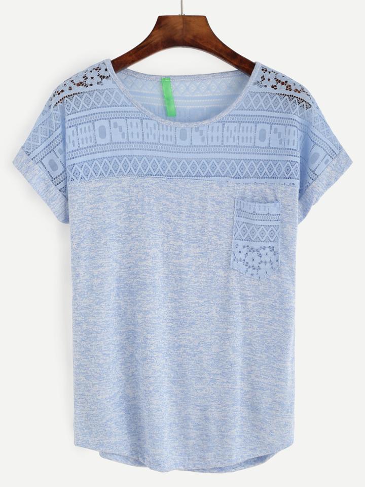 Romwe Blue Lace Insert Pocket T-shirt
