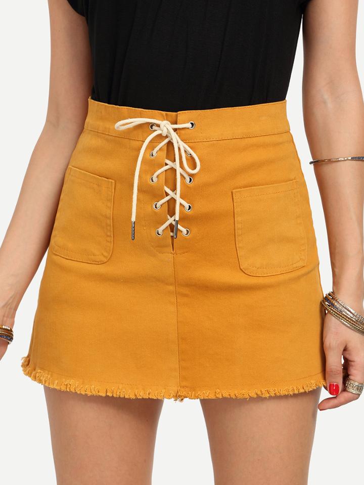 Romwe Lace-up Fly Dual Pocket Raw Hem Skirt - Yellow