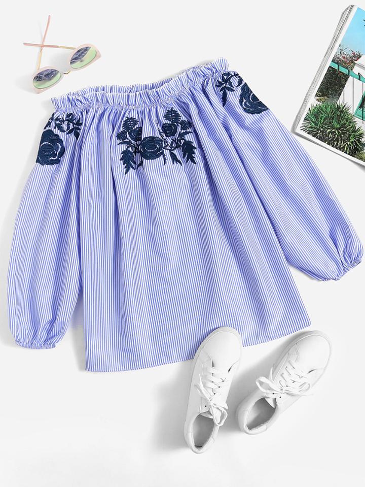 Romwe Off Shoulder Embroidered Pinstripe Top