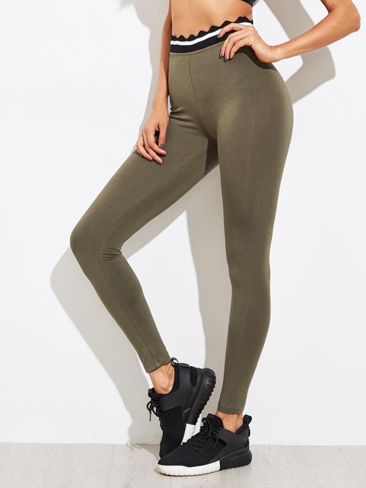 Romwe Scallop Striped Waist Leggings
