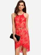 Romwe Halter Neck Cutout Asymmetric Red Lace Dress
