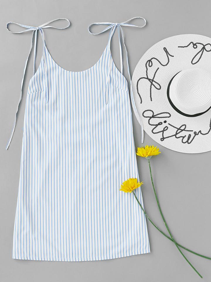 Romwe Self Tie Shoulder Vertical Striped Cami Dress