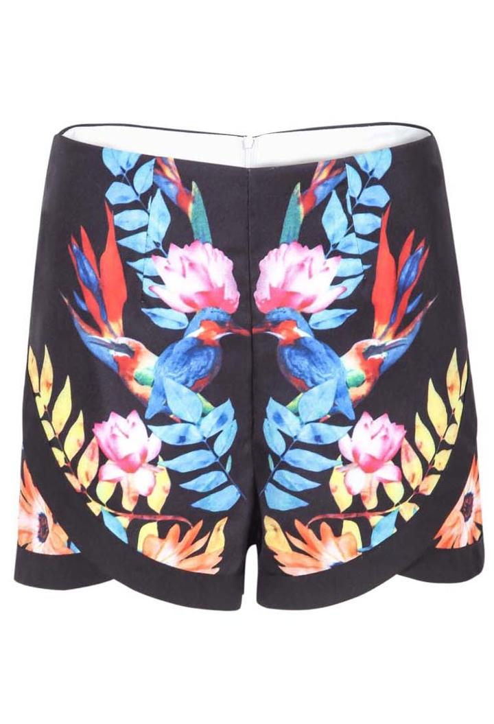 Romwe Bird Print Black Shorts