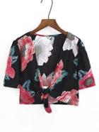 Romwe Flower Print Knot Front Crop Top