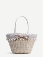 Romwe Beige Bow Embellished Straw Bag With Pom Pom Trim
