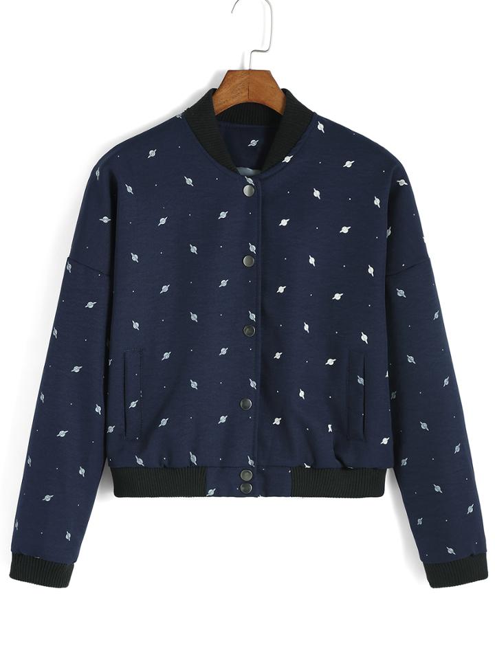 Romwe Stand Collar Planet Print Jacket