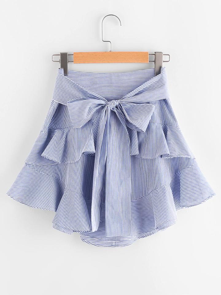 Romwe Self Belt Tiered Striped Skirt