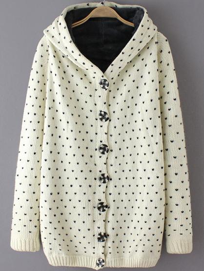 Romwe Hooded Heart Pattern White Coat