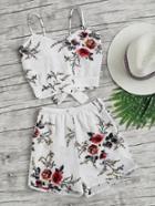 Romwe Floral Print Random Split Bow Tie Back Cami Top With Shorts