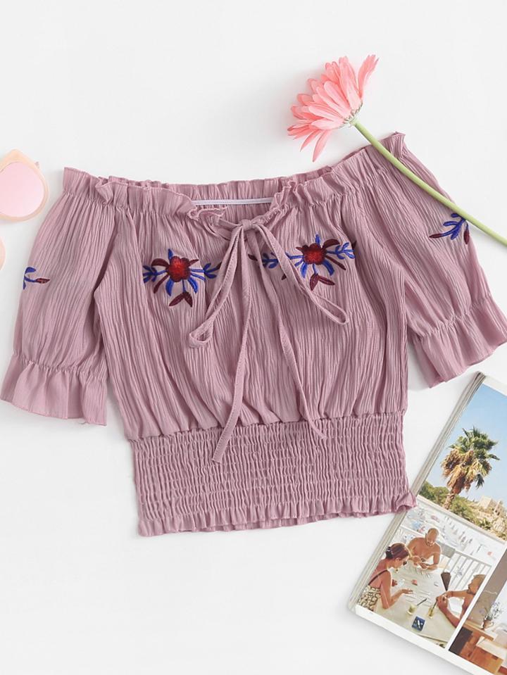Romwe Off Shoulder Floral Embroidered Top