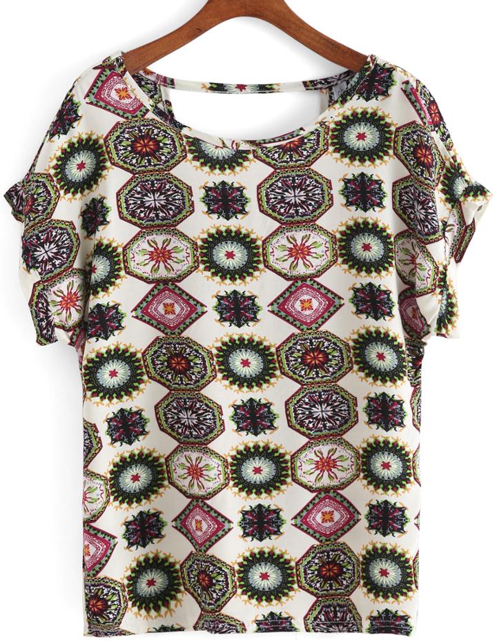 Romwe Short Sleeve Tribal Print Top