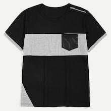 Romwe Guys Contrast Pu Pocket Zipper Detail Tee
