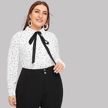 Romwe Plus Heart Print Tie-neck Blouse