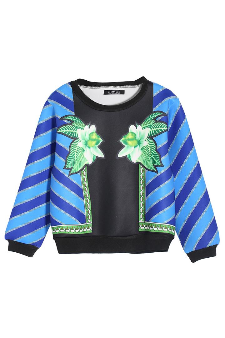 Romwe Floral & Striped Blue Sweatshirt