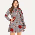 Romwe Plus Size Knot Front Floral Embroidery Dress