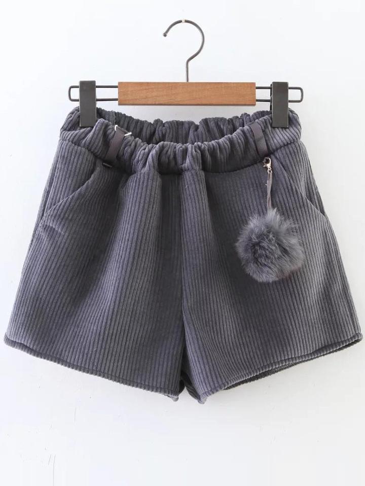 Romwe Grey Corduroy Shorts With Pom