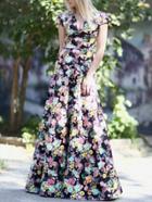 Romwe V Neck Florals Maxi A-line Black Dress