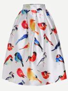 Romwe White Bird Print Box Pleated Skirt